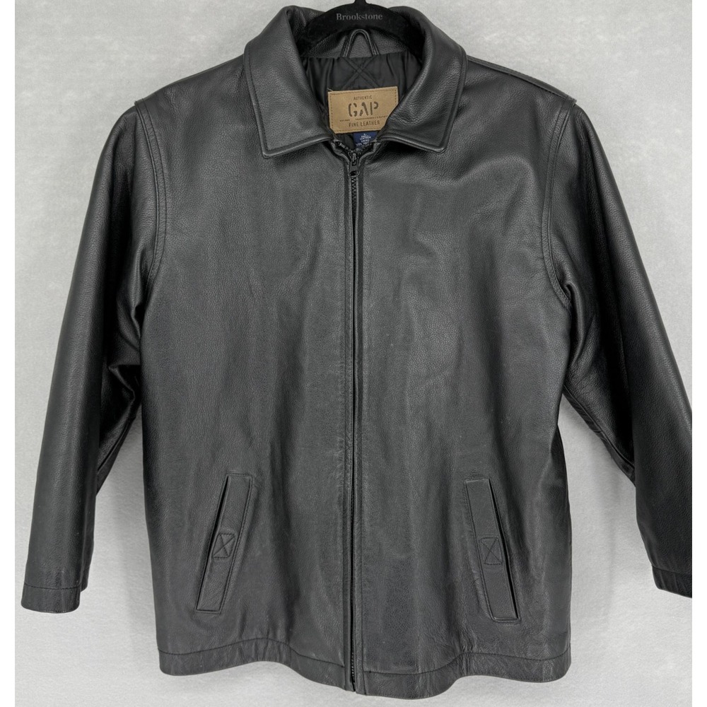 GAP Jacket Women Large Petite Black Leather Zip Front Quilted Lined Classic Coat